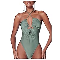 MakeMeChic Women's Ruched Criss Cross Halter Sleeveless Tie Back Cut Out Bodysuit Shirts Tops