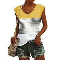Womens Summer V Neck Striped T-Shirt Cap Sleeve Loose Casual Blouses Tank Tops