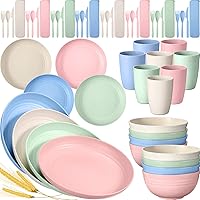 64 Pcs Wheat Straw Dinnerware Sets Unbreakable Dinnerware Set Plastic Dishes Set Reusable Lightweight RV Camping Bowls Dishes Plates Cups Set Microwave Safe Dinnerware for Kitchen Indoor