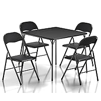 Folding Portable Card Table Square and Foldable Chair Sets 5PCS with Collapsible Legs & Vinyl Upholstery Padded, Metal, Black, Table1&Chair4