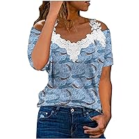 Women Short Sleeve Shirts Cotton Off The Shoulder Sexy Lace Top Long V Neck Tee