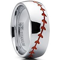 Metal Masters Men's Titanium Sports Baseball Ring Wedding Band with Red Stitching, Comfort Fit, Dome High Polish Finish 8mm Sizes 8 to 13
