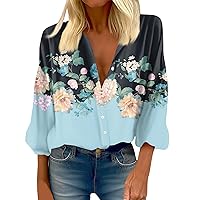 Floral Tops for Women Fashion Casual Contrast Color 3/4 Sleeve Womens T Shirts Loose Button Up Comfy Satin Blouse