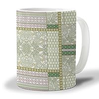 Ceramic Coffee Mug 12oz, Green Perris Floral Ceramic Mug Funny Coffee Cups Travel Mug for Office Home, Ceramic Tea Cups with Handle Mugs for Coffee Hot Cocoa Indian Geometric Ethnic Leaf