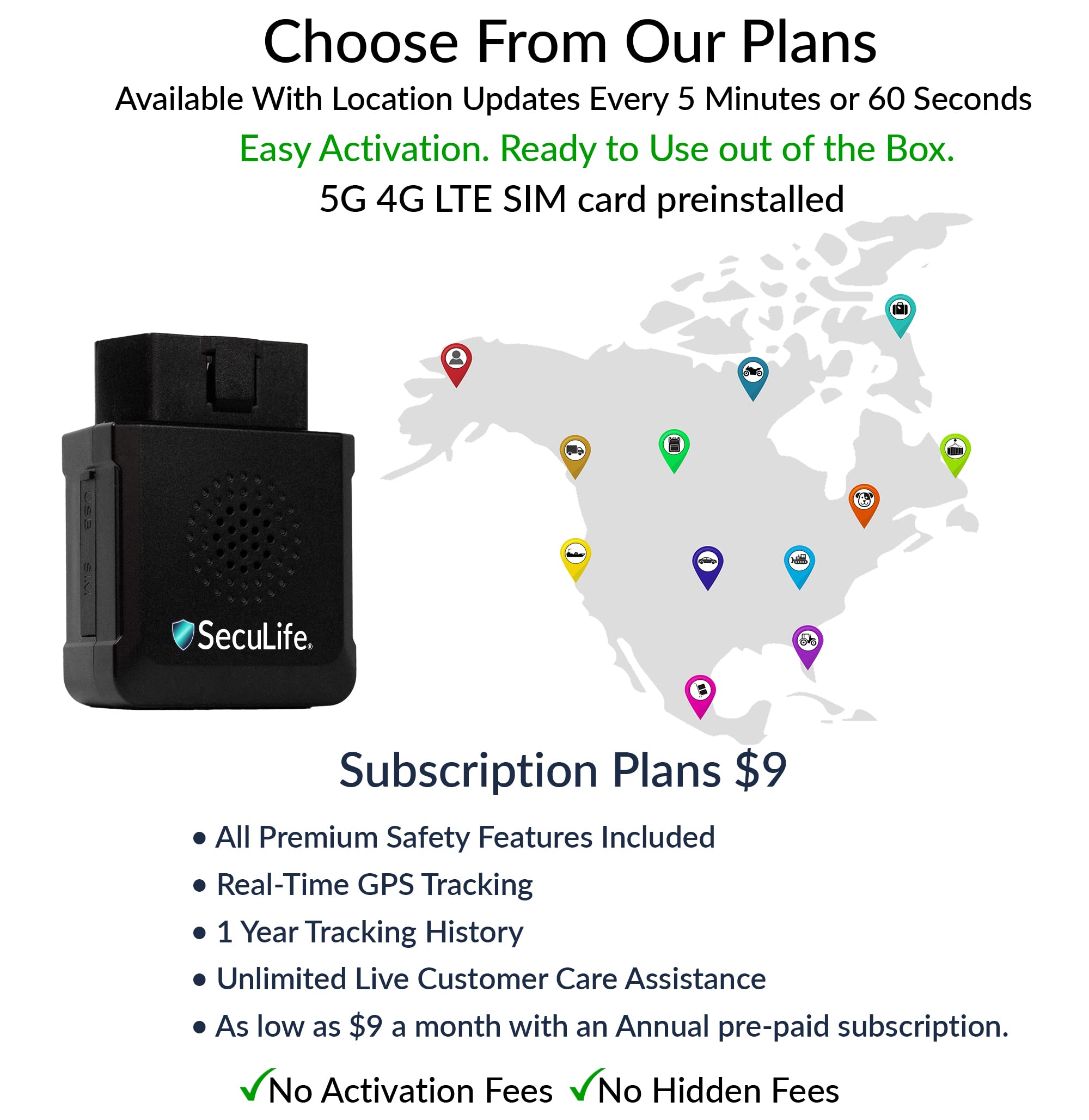 SecuLife Vehicles Car Truck GPS Tracker - $9 Monthly 4G LTE GPS Real Time Location Tracker - OBD Automotive - Just Plug & Track