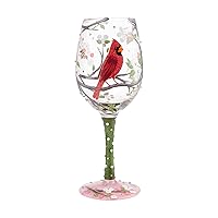 Designs by Lolita Cardinal Bird with Cherry Blossoms Beauty Artisan Hand-Painted Wine Glass, 1 Count (Pack of 1), Multicolor