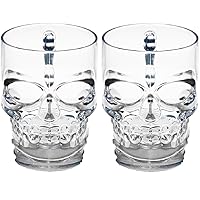 Circleware Skull Face Beer Mug Drinking Glasses with Handle, Set of 2, Heavy Base Funny Entertainment Glassware for Water, Juice and Halloween Decorations Beverage Gifts, 17.6 oz.