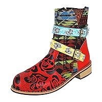 Ankle Boots for Women Mid Calf Square Heel Zipper Retro Print Short Boots Winter Combat Booties Party Western Shoes