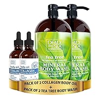 Body Oil for Dry Skin - Collagen & Vitamin E, A, D Oil Pack of 2 (4 Fl.Oz Each) Tea Tree Body Wash with Natural Sea Mineral Pack of 2 (67.6 fl. oz)