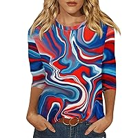 4Th of July Outfits for Women 3/4 Length Sleeve Scoop Neck Summer Tops Patriotic Flag Graphic Tees Loose Fit Blouses