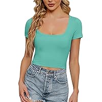 Women Summer Tops Crop Tops for Women 2024 Sexy Simple Classic Casual Slim Fit with Short Sleeve Round Neck Summer Shirts Green Large