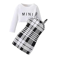iiniim Little Kid Girl Long Sleeve Crop Top and Plaid Print Cami Dress 2 Piece Clothes Set