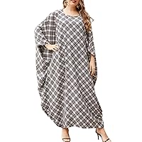 Flygo Women's Batwing Plaid Floral Printed Long Sleeves Oversized Maxi Dress Sleep Loungewear