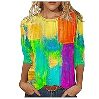 Women's 2024 Fashion Tie Dye T Shirts 3/4 Length Sleeve Casual Tops Crew Neck Loose Fit Tunic Blouse Summer Oversized Shirts