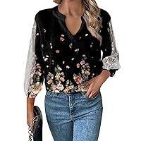 3/4 Length Sleeve Womens Tops Dressy Casual Lace Sleeve V Neck Boho Tops Loose Floral Going Out Business Tunic Tops