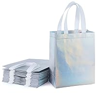 WRAPAHOLIC 12 Pack Reusable Iridescent Silver Gift Bag with Handles - Medium Size 8 x 4 x 10 inch - Perfect for Birthday Gift Bags, Shopping Bag, Goodie Bags, Party Favor Bags