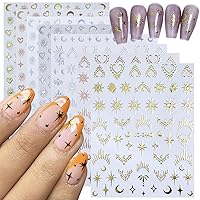 8 Sheets Gold Silver Nail Stickers Stars Heart Nail Decals 3D Self-Adhesive Bronzing Laser Star Moon Sun Love Hearts Metallic Chrome Line Nail Design Sticker for Women Girls Manicure Decoration
