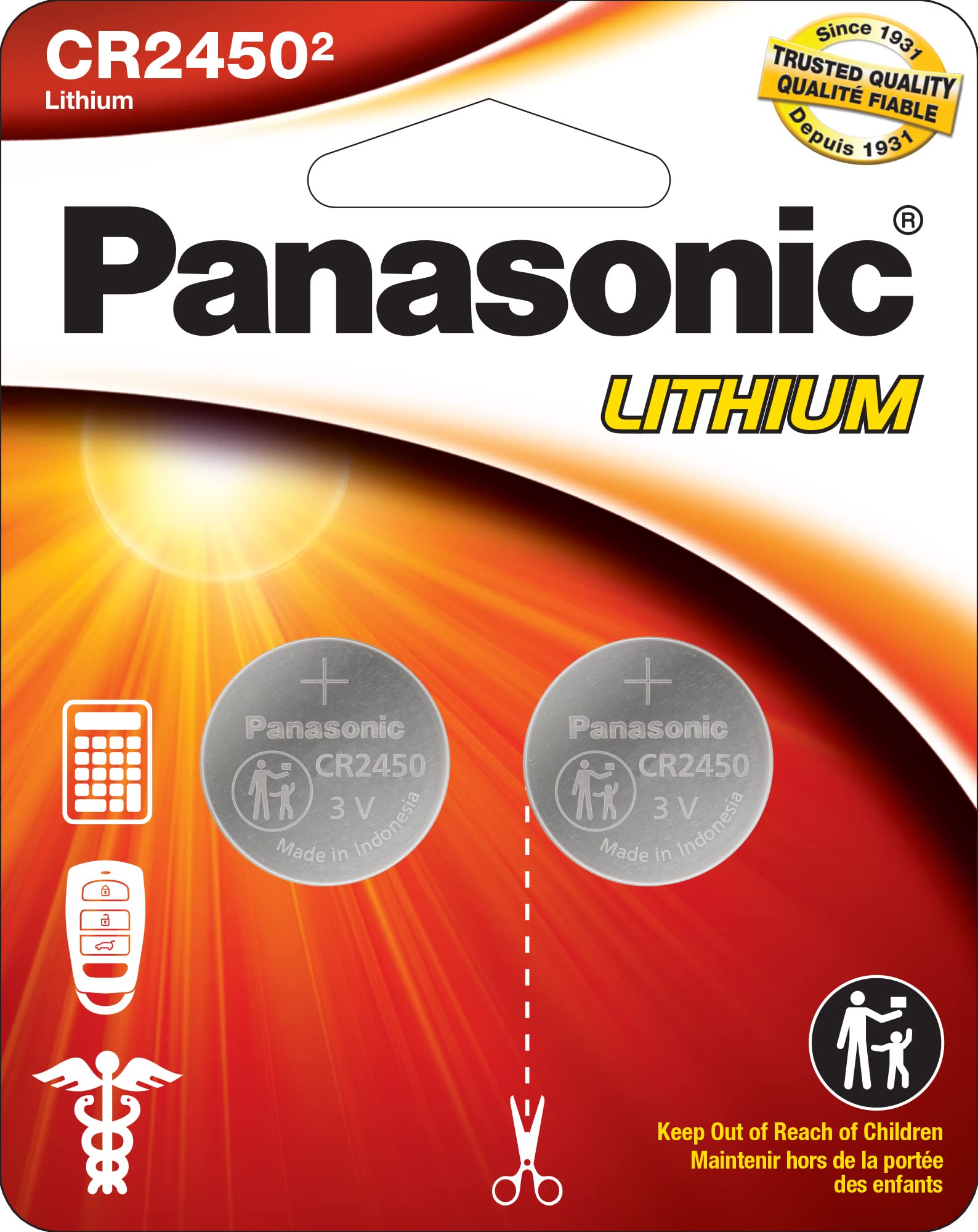 Panasonic CR2450 3.0 Volt Long Lasting Lithium Coin Cell Batteries in Child Resistant, Standards Based Packaging, 2-Battery Pack