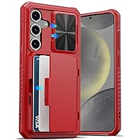 for Samsung Galaxy S24 Case with Card Holder (Store 4-5 Cards) & Slide Lens Cover & Kickstand, [Military Grade Drop Protection], Rugged Silicone Wallet Cases for Samsung S24 2024, Red