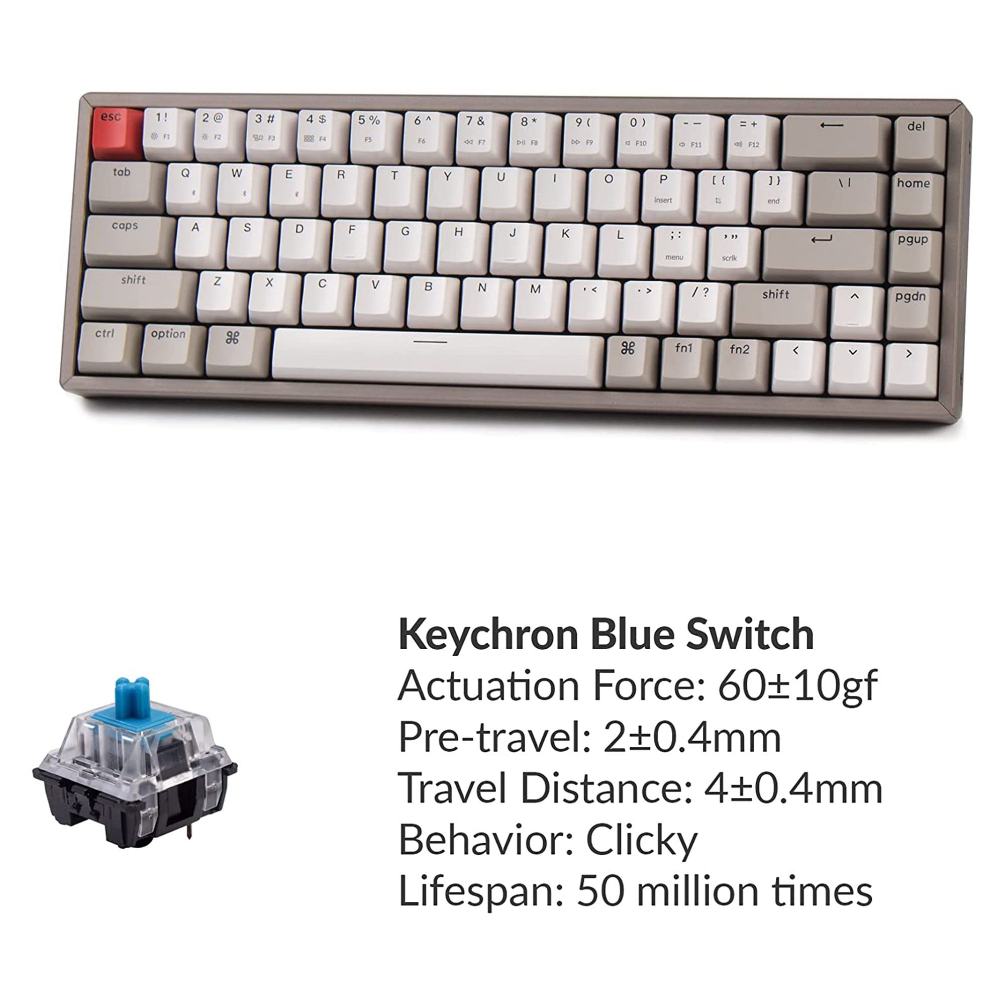 Keychron K6 65% Compact 68-Keys Aluminum Frame Wireless Mechanical Keyboard for Mac, Bluetooth, Multitasking, Wired Gaming Keyboard for Windows Non-Backlit with Keychron Blue Switch