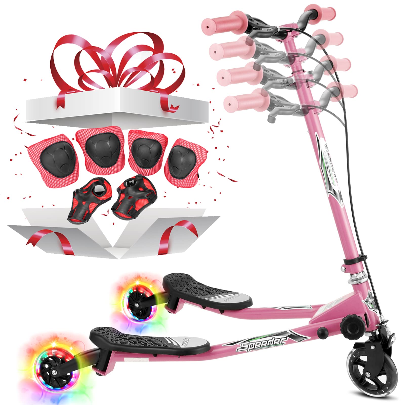 LED Light-Up Swing Wiggle Scooter Kids Three Wheels Drifting Speeder with 4 Level Adjustable Handlebar and Quick-Release Folding System for Boys an...