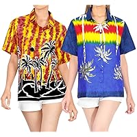 LA LEELA Women's Hippie Hawaiian Blouse Shirt Button Down Beach Shirt Work from Home Clothes Women Beach Shirt Blouse Shirt Combo Pack of 2 Size L