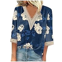 3/4 Sleeve Tops for Women Lace Eyelet Paneled Vneck Tops Floral Print Tshirt Vintage Graphic Tee Blouse Loose Tunic
