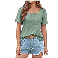 Women's Eyelet Tops Cute Square Neck Short Sleeve T Shirts Summer Loose Fit Tunic Tops Dressy Casual Blouse Work Shirt