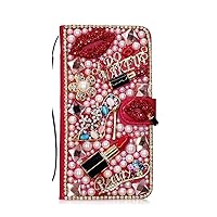 Crystal Wallet Case Compatible with Samsung Galaxy A53 5G - Sexy Lips Lipstick High Heel - Red - 3D Handmade Glitter Bling Leather Cover with Screen Protector & Beaded Phone Lanyard