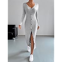 Dresses for Women Button Through Ribbed Knit Bodycon Dress (Color : Gray, Size : Small)