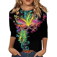 2024 Carnival Outfits Blouse Mardi Gras Shirts for Women 3/4 Sleeve Plus Size Party Tops Mask Printed Crewneck Tunic