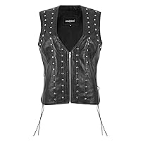 Ladies Black Studded Real Leather Sleeveless Punk Waistcoat Retro Vest 5804