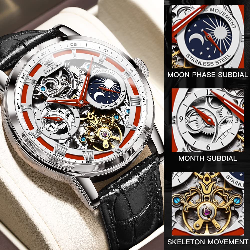 OLEVS Skelett Uhren für Herren Automatik Mechanisch Selbstaufzug Tourbillon Lederband Luxus Kleid Mondphase Armbanduhr Wasserdicht Leuchtend, Schwarzes Armband, rotes Zifferblatt, Classic