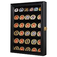 Coin Display Case Solid Wood Lockable Military Challenge Coin Display Shadow Box with Removable 2 Grooves Shelves and Anti Fade Acrylic Glass Door for Military Medals Coins (Black)