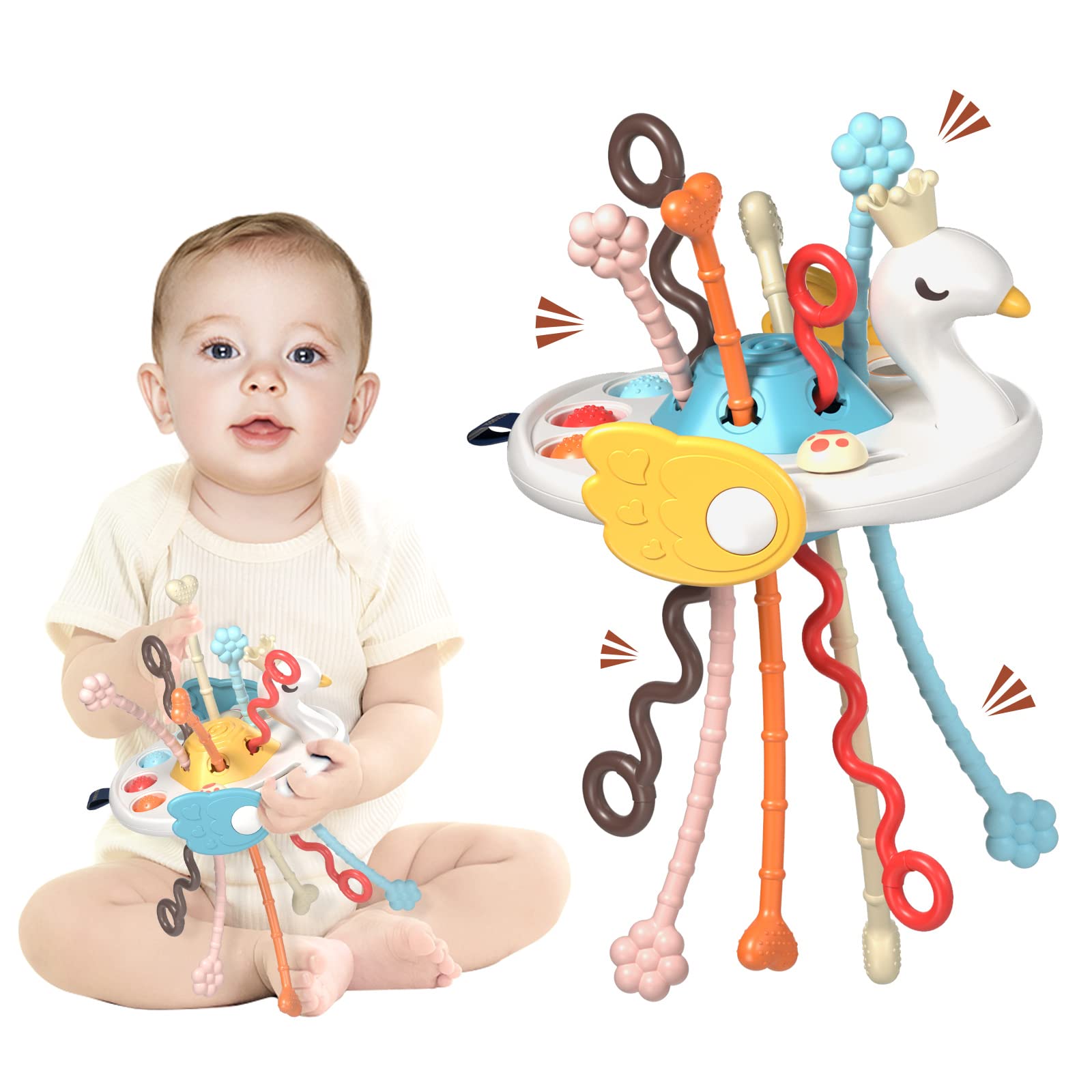 Montessori Toys for 1+ Year Old, Sensory Toys for Toddlers, Food Grade Silicone Infant Swan Pull String Activitys, Exercise Baby's Finger Motor, Fun Car Seat Travel Toddler Boy & Girl Birthday Gifts