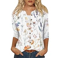 3/4 Sleeve Cardigan Womens Summer Top Button Down Casual Printed Crewneck Shirts Trendy 2024 Tees Blouse