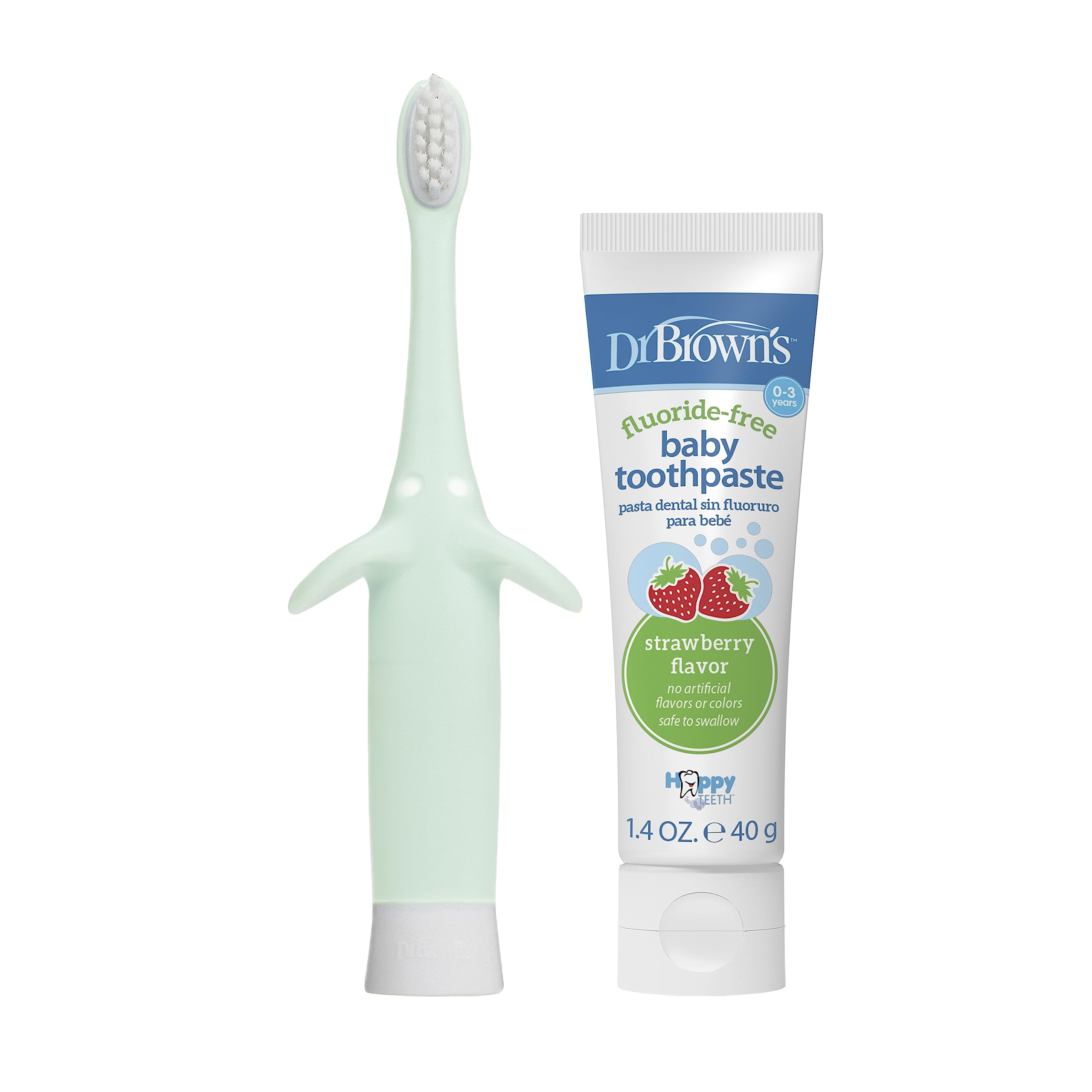 Dr. Brown's Infant-to-Toddler Training Toothbrush Set, Mint Elephant with Fluoride-Free Strawberry Baby Toothpaste, 0-3 Years