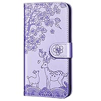Wallet Case Compatible with iPhone 11, Embossed Plum Flower Deer PU Leather Phone Cover for iPhone 11 (Purple)
