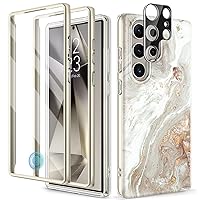 GVIEWIN Designed for Samsung Galaxy S24 Ultra Case, [Built-in Screen Protector + Camera Lens Protector ][2 Front Frames] Military Grade Drop Protective, Stylish Marble Phone Cover(Pearlescent/Gold)