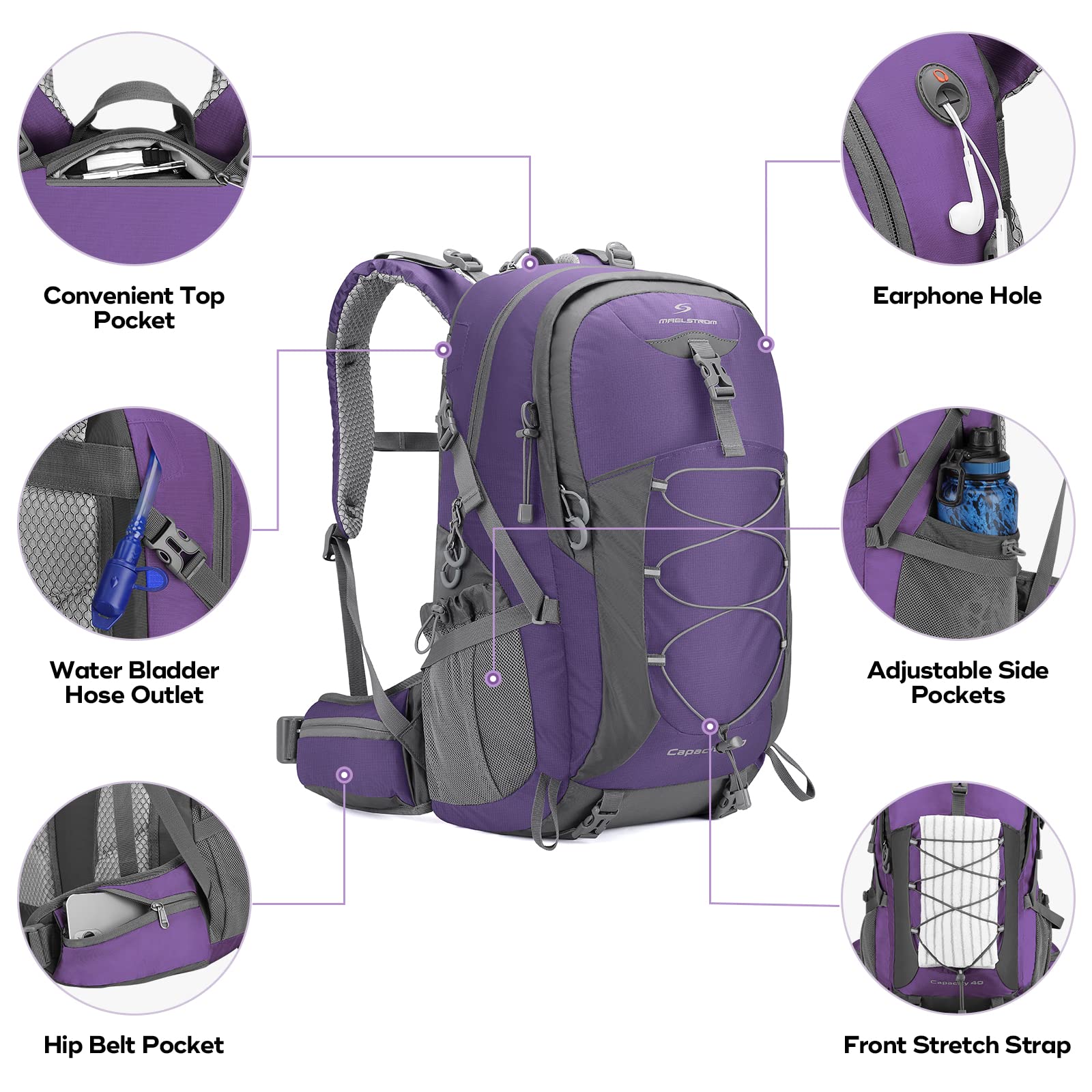 Maelstrom Hiking Backpack,Camping Backpack,40L Waterproof Hiking Daypack with Rain Cover,Lightweight Travel Backpack,Purple