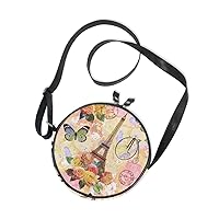 ALAZA Rose Blossom Paris Eiffel Tower Round Crossbody Bag Canvas Messenger Purse