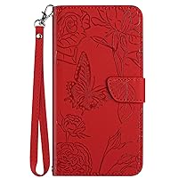 XYX Wallet Case for iPhone 15 Pro Max, Emboss Butterfly Flower PU Leather Flip Protective Case with Wrist Strap Kickstand for iPhone 15 Pro Max, Red