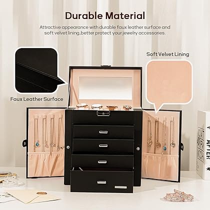 Homde Synthetic Leather Huge Jewelry Box Mirrored Watch Organizer Necklace Ring Earring Storage Lockable Gift Case (Black)