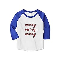 Hat and Beyond Kids Festive Holiday Graphic Print Merry Merry Merry Plaid Font 3/4 Sleeve Classic Raglan T-Shirt