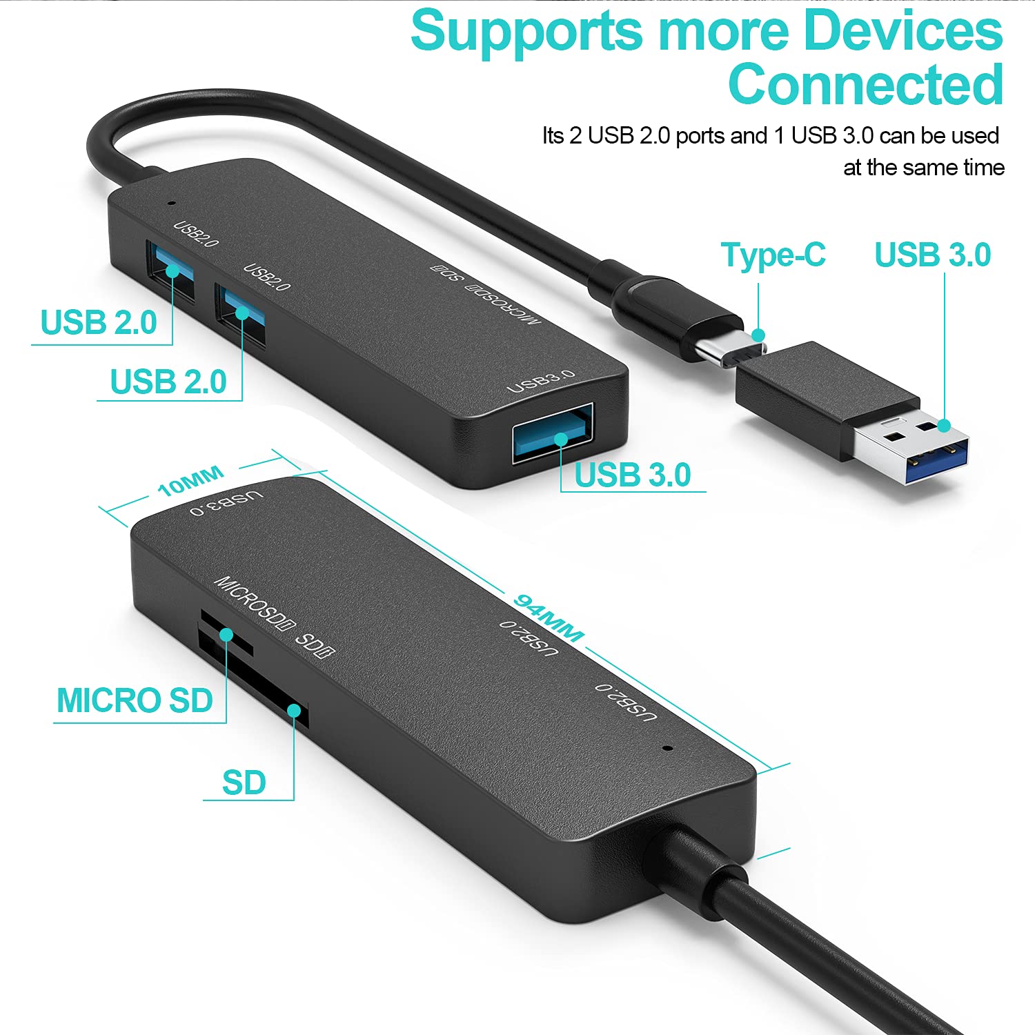 USB C Hub 5 in 1 USB C to 3.0 Splitter with 1 USB 3.0 Port, 2 USB 2.0 Port,SD/TF Card Reader, and USB A 3.0 Adapter Compatible for USB C Phones,MacBook Pro, Chromebook, ipad, XPS, andUSB Adevices