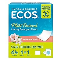 ECOS Laundry Detergent Sheets Vegan, No Plastic Jug, No Mess & Liquid Free - Laundry Sheets in Washer - Hypoallergenic, Plant Powered Laundry Detergent Sheets - Magnolia & Lily - 64 Sheets (Pack of 1)
