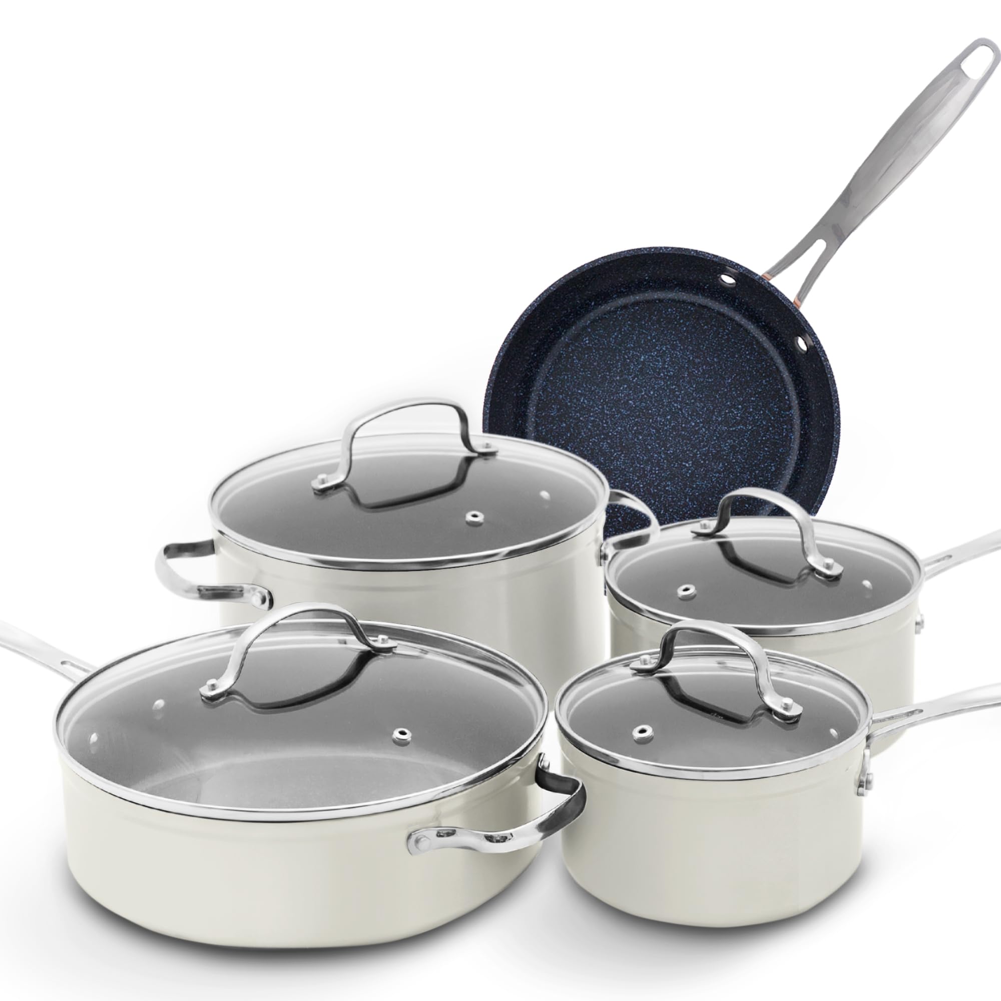 Nuwave 9pc Cookware Set Healthy Duralon Blue Ceramic Nonstick Coated, Diamond Infused Scratch-Resistant, PTFE & PFOA Free, Oven Safe, Induction Ready & Evenly Heats, Tempered Glass Lids & Stay-Cool Ha