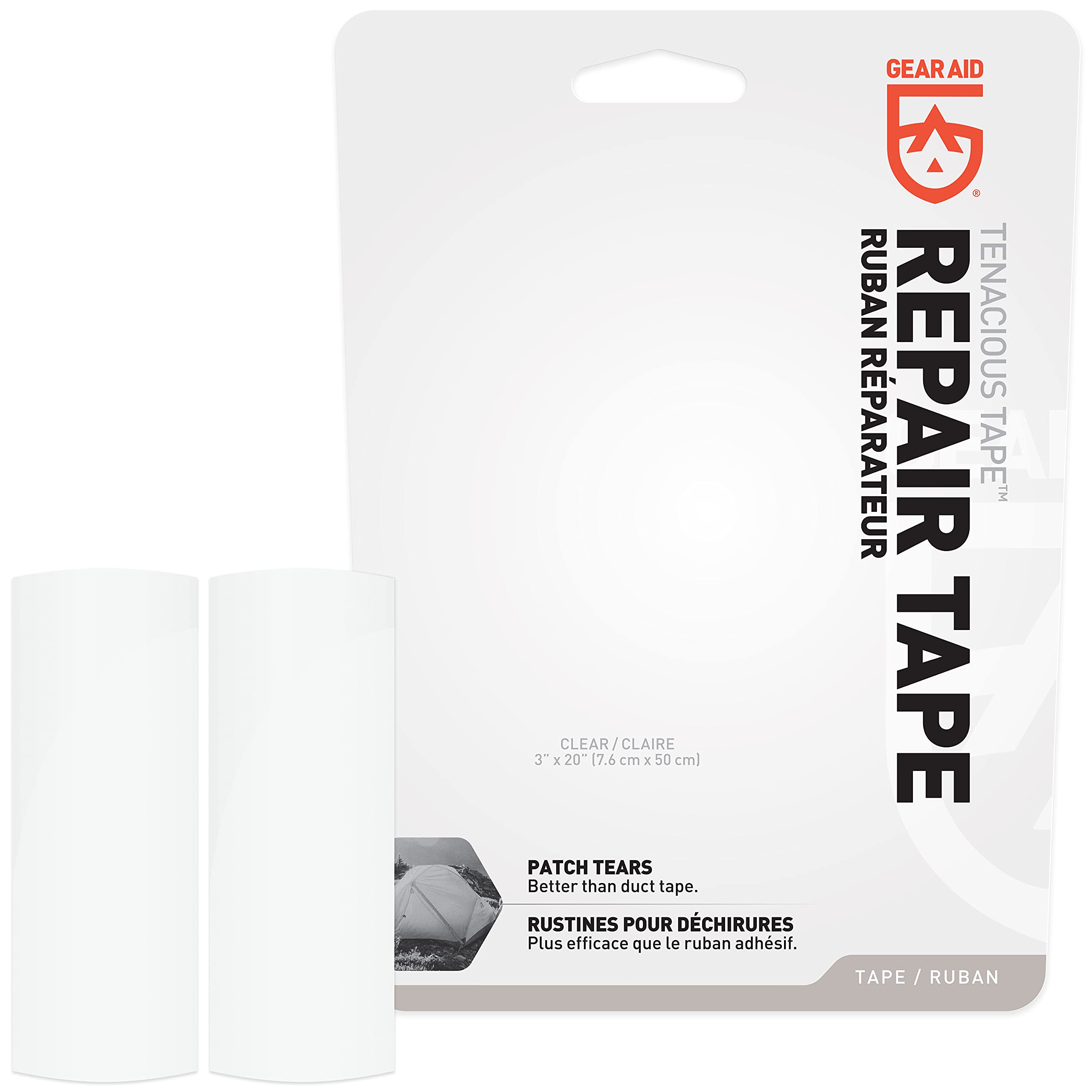 GEAR AID Tenacious Tape 3”x20” Fabric and Vinyl Gear Repair Tape, Quickly Fix Holes and Rips in Puffy Jackets, Rain and Snow Gear, Tents, Sleeping Bag and More, Clear, 2 Pack