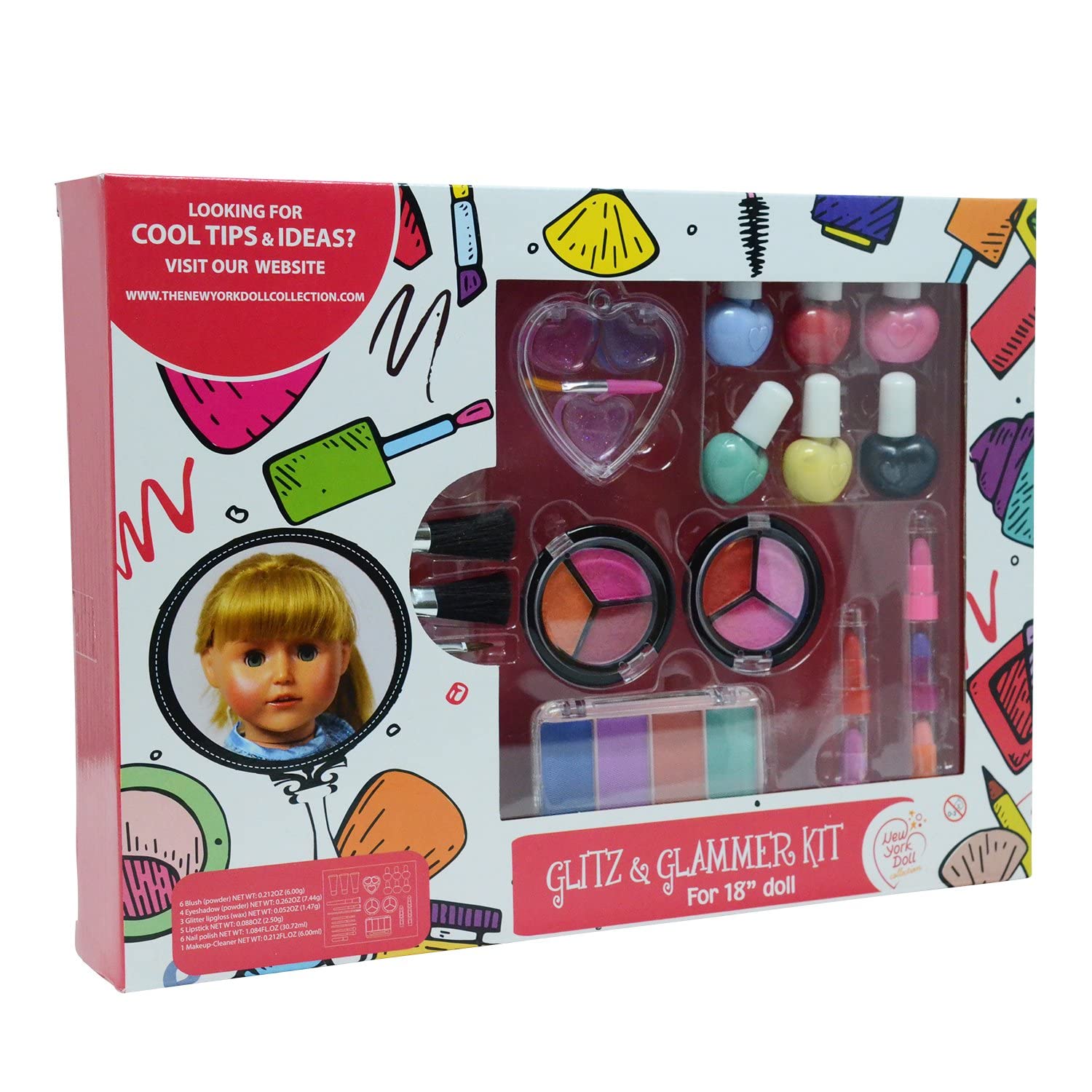 The New York Doll Collection Washable Makeup Set for Dolls and Kids - Pretend Play Cosmetic Set - Doll not Included