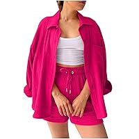 Women's 2 Piece Tracksuit Button Down Blouse and Shorts Set Plain Trendy Casual Outfits Sexy Cute Matching Suit